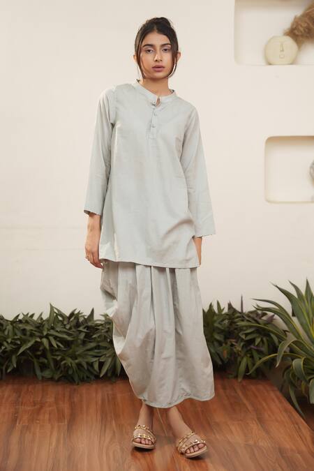 Shop OurDve Grey Cotton Mandarin Collar Plain Top And Draped Skirt Set Online at Aza Fashions Shop_OurDve_Grey Cotton Mandarin Collar Plain Top And Draped Skirt Set _Online_at_Aza_Fashions