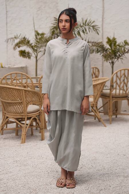 OurDve Grey Cotton Mandarin Collar Plain Top And Draped Skirt Set at Aza Fashions OurDve_Grey Cotton Mandarin Collar Plain Top And Draped Skirt Set _at_Aza_Fashions