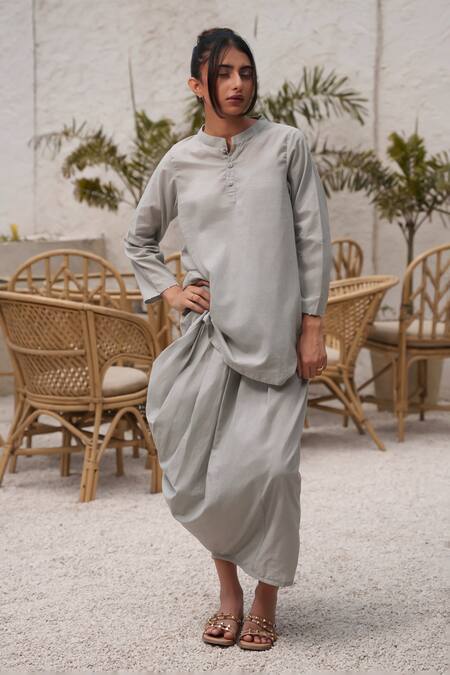 Buy OurDve Grey Cotton Mandarin Collar Plain Top And Draped Skirt Set Buy_OurDve_Grey Cotton Mandarin Collar Plain Top And Draped Skirt Set