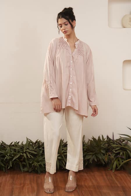OurDve_Pink Cotton Embroidery Mandarin Collar Pleated Top And Pant Set _Online_at_Aza_Fashions