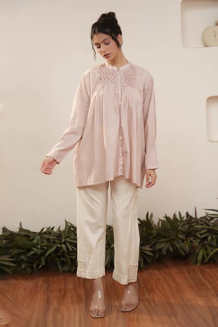 Buy_OurDve_Pink Cotton Embroidery Mandarin Collar Pleated Top And Pant Set _Online_at_Aza_Fashions