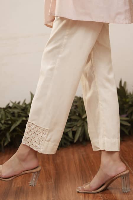 Shop_OurDve_Pink Cotton Embroidery Mandarin Collar Pleated Top And Pant Set _Online_at_Aza_Fashions