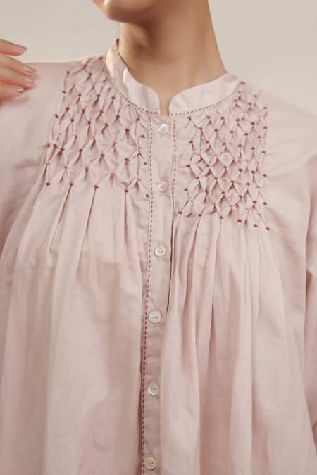 OurDve_Pink Cotton Embroidery Mandarin Collar Pleated Top And Pant Set _at_Aza_Fashions