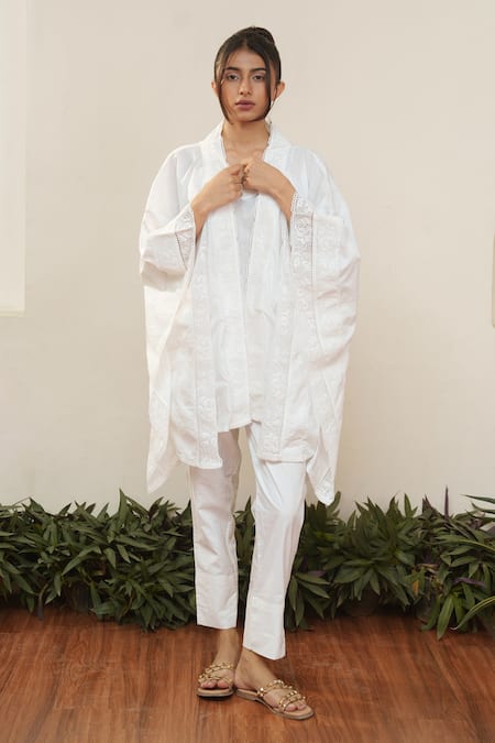 Ourdve White Cotton, Chanderi Lace Square Neck Embroidered Asymmetric Cape Pant Set Online at Aza Fashions Ourdve_White Cotton, Chanderi Lace Square Neck Embroidered Asymmetric Cape Pant Set _Online_at_Aza_Fashions