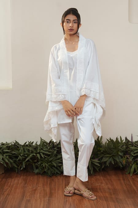 Buy Ourdve White Cotton, Chanderi Lace Square Neck Embroidered Asymmetric Cape Pant Set Online at Aza Fashions Buy_Ourdve_White Cotton, Chanderi Lace Square Neck Embroidered Asymmetric Cape Pant Set _Online_at_Aza_Fashions