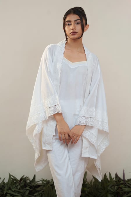 Shop Ourdve White Cotton, Chanderi Lace Square Neck Embroidered Asymmetric Cape Pant Set Online at Aza Fashions Shop_Ourdve_White Cotton, Chanderi Lace Square Neck Embroidered Asymmetric Cape Pant Set _Online_at_Aza_Fashions
