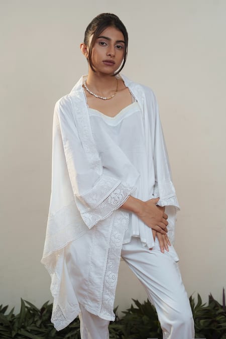 Shop Ourdve White Cotton, Chanderi Lace Square Neck Embroidered Asymmetric Cape Pant Set Shop_Ourdve_White Cotton, Chanderi Lace Square Neck Embroidered Asymmetric Cape Pant Set