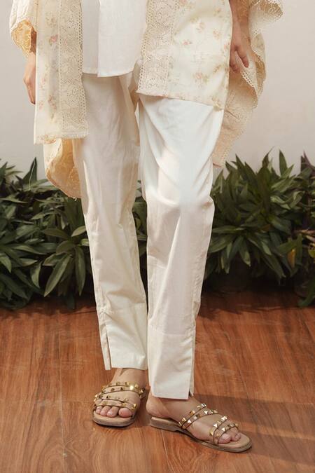 Ourdve Beige Cotton, Chanderi Lace Square Neck Embroidered Cape Pant Set Online at Aza Fashions Ourdve_Beige Cotton, Chanderi Lace Square Neck Embroidered Cape Pant Set _Online_at_Aza_Fashions