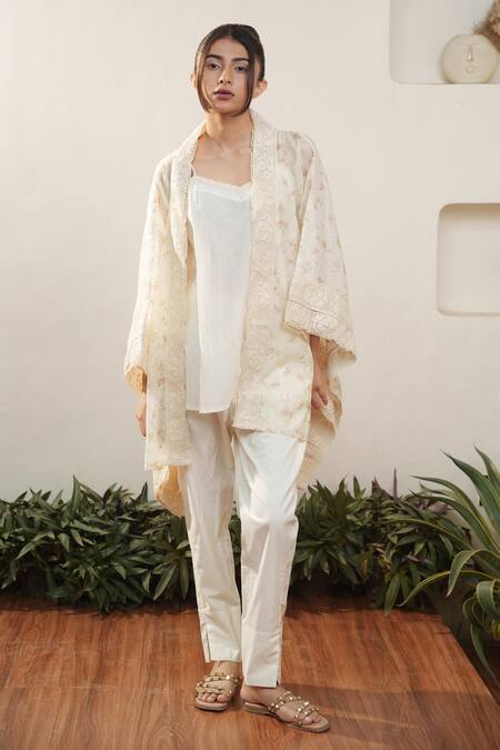 Buy Ourdve Beige Cotton, Chanderi Lace Square Neck Embroidered Cape Pant Set Online at Aza Fashions Buy_Ourdve_Beige Cotton, Chanderi Lace Square Neck Embroidered Cape Pant Set _Online_at_Aza_Fashions