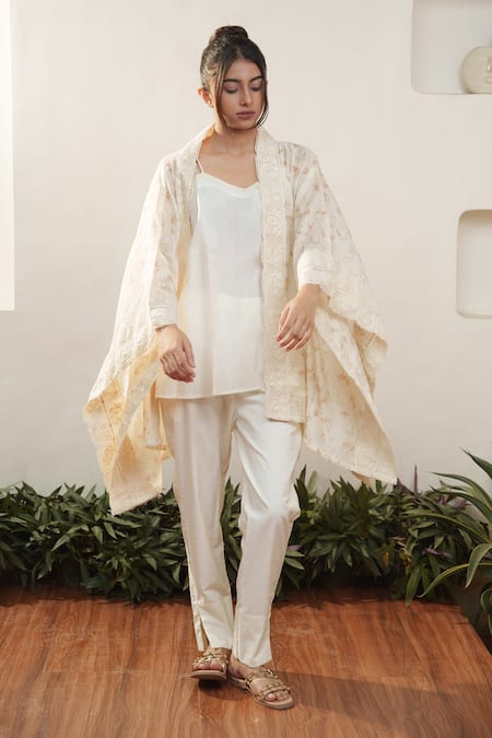 Shop Ourdve Beige Cotton, Chanderi Lace Square Neck Embroidered Cape Pant Set Online at Aza Fashions Shop_Ourdve_Beige Cotton, Chanderi Lace Square Neck Embroidered Cape Pant Set _Online_at_Aza_Fashions