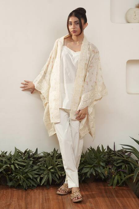 Ourdve Beige Cotton, Chanderi Lace Square Neck Embroidered Cape Pant Set at Aza Fashions Ourdve_Beige Cotton, Chanderi Lace Square Neck Embroidered Cape Pant Set _at_Aza_Fashions