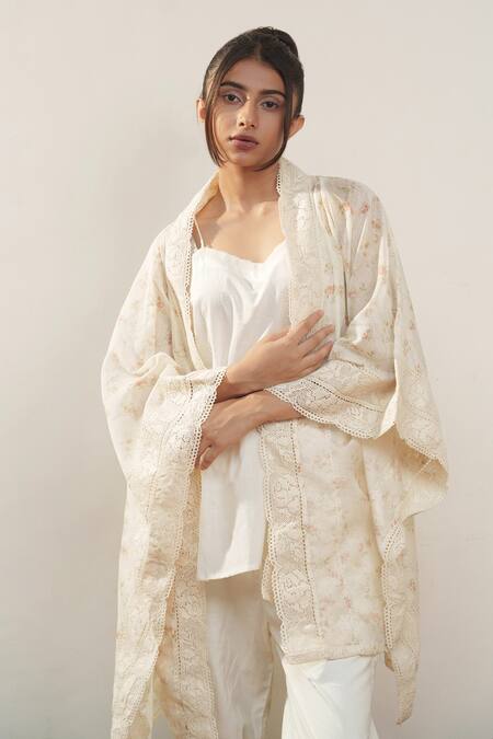 Buy Ourdve Beige Cotton, Chanderi Lace Square Neck Embroidered Cape Pant Set Buy_Ourdve_Beige Cotton, Chanderi Lace Square Neck Embroidered Cape Pant Set