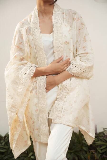 Shop Ourdve Beige Cotton, Chanderi Lace Square Neck Embroidered Cape Pant Set Shop_Ourdve_Beige Cotton, Chanderi Lace Square Neck Embroidered Cape Pant Set