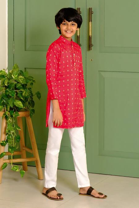 Free Sparrow_Red Silk, Cotton Embroidery Buti Motifs Woven Kurta With Pyjama_Online_at_Aza_Fashions