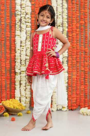 Free Sparrow_Red Silk, Cotton, Net Sequins, Tassels, Tie-up Peplum Kurta And Dhoti Pant Set _Online_at_Aza_Fashions