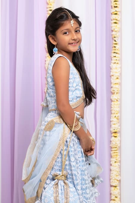 Free Sparrow_Blue Net, Cotton Lace, Sequins, Tassels Thread Embroidered Lehenga And Top Set _Online_at_Aza_Fashions