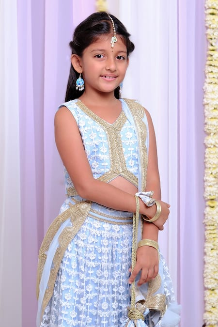 Buy_Free Sparrow_Blue Net, Cotton Lace, Sequins, Tassels Thread Embroidered Lehenga And Top Set _Online_at_Aza_Fashions