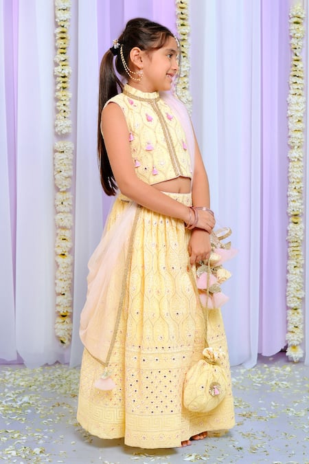 Free Sparrow_Yellow Georgette Embroidery Abhla Hawaiian Lehenga And Top Set_Online_at_Aza_Fashions