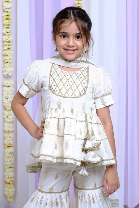 Buy_Free Sparrow_Ivory Chanderi Embroidery Woven Sequin Embellished Peplum Kurta And Sharara Set_Online_at_Aza_Fashions