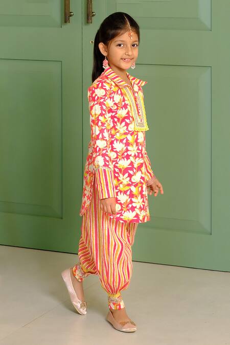 Free Sparrow_Pink Cotton, Linen Embroidery Stripes Print Kurta With Afghan Pant_Online_at_Aza_Fashions