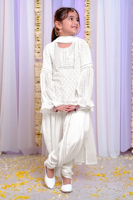 Free Sparrow_White Georgette, Net, Cotton Sequins, Embroidery Thread Kurta And Dhoti Pant Set _Online_at_Aza_Fashions