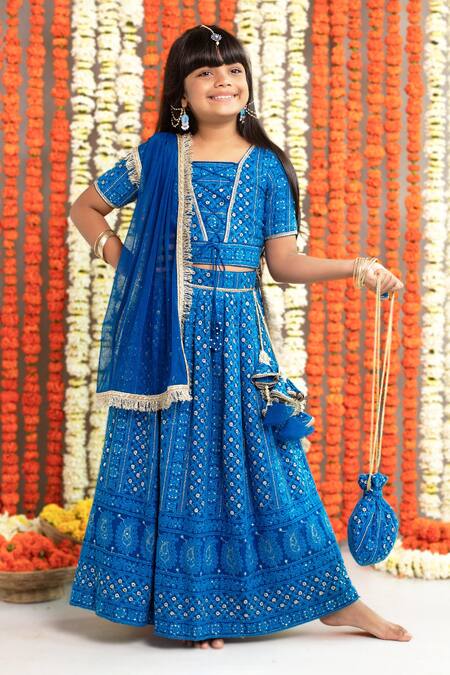 Free Sparrow_Blue Georgette And Net Embroidery Sequin Thread And Lehenga & Top Set_Online_at_Aza_Fashions