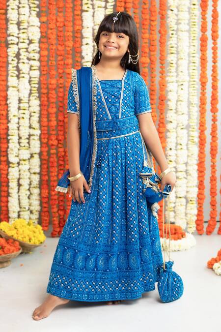 Shop_Free Sparrow_Blue Georgette And Net Embroidery Sequin Thread And Lehenga & Top Set_Online_at_Aza_Fashions