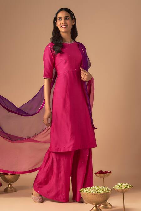 Cupid Cotton_Pink Sequins, Zari Round Neck Gulshan Zardosi Embroidered Kurta Sharara Set _Online_at_Aza_Fashions
