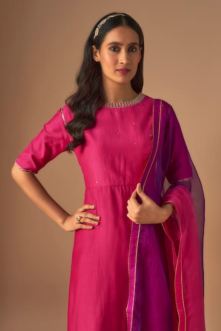 Buy_Cupid Cotton_Pink Sequins, Zari Round Neck Gulshan Zardosi Embroidered Kurta Sharara Set _Online_at_Aza_Fashions