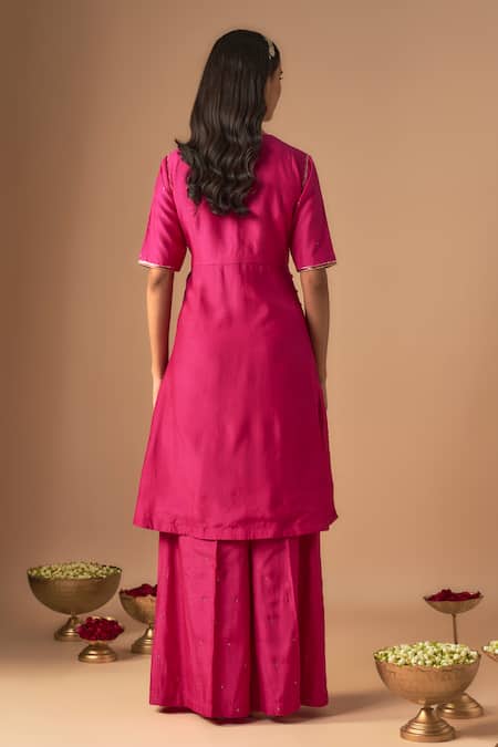 Cupid Cotton_Pink Sequins, Zari Round Neck Gulshan Zardosi Embroidered Kurta Sharara Set _at_Aza_Fashions