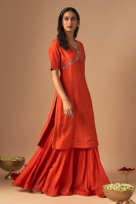 Shop Cupid Cotton Orange Organza, Cotton, Silk Embroidery, Sukoon Zardosi Kurta And Gharara Set Online at Aza Fashions Shop_Cupid Cotton_Orange Organza, Cotton, Silk Embroidery, Sukoon Zardosi Kurta And Gharara Set _Online_at_Aza_Fashions