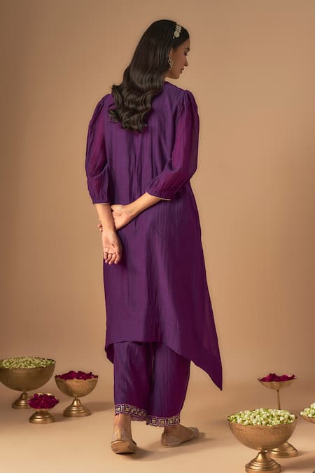 Shop Cupid Cotton Purple Chanderi Silk, Organza Sequins, Lace, Ibdita Resham Kurta And Pant Set at Aza Fashions Shop_Cupid Cotton_Purple Chanderi Silk, Organza Sequins, Lace, Ibdita Resham Kurta And Pant Set _at_Aza_Fashions