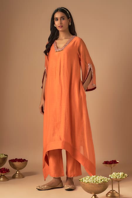 Cupid Cotton_Orange Chanderi Silk, Organza Lace, Noor Resham Asymmetric Kurta And Pant Set _Online_at_Aza_Fashions