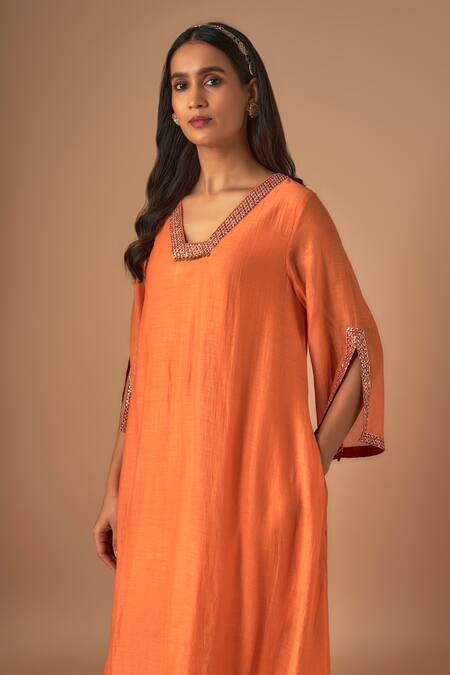 Shop_Cupid Cotton_Orange Chanderi Silk, Organza Lace, Noor Resham Asymmetric Kurta And Pant Set _Online_at_Aza_Fashions