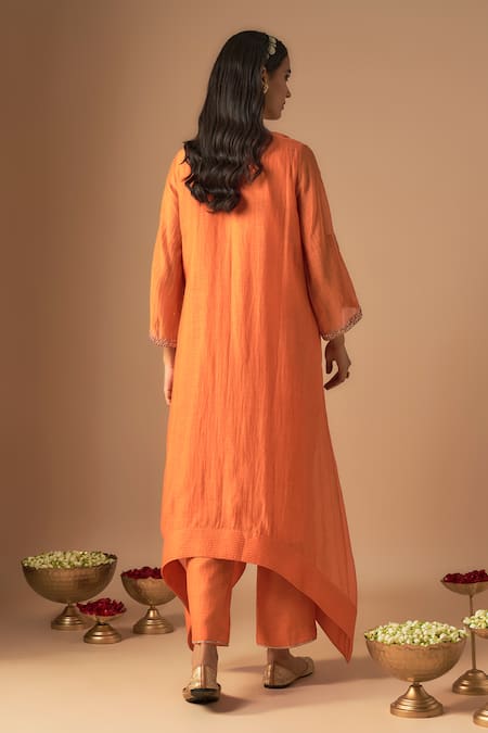 Shop Cupid Cotton Orange Organza, Chanderi Silk Noor Resham Asymmetric Kurta With Pant at Aza Fashions Shop_Cupid Cotton_Orange Organza, Chanderi Silk Noor Resham Asymmetric Kurta With Pant _at_Aza_Fashions