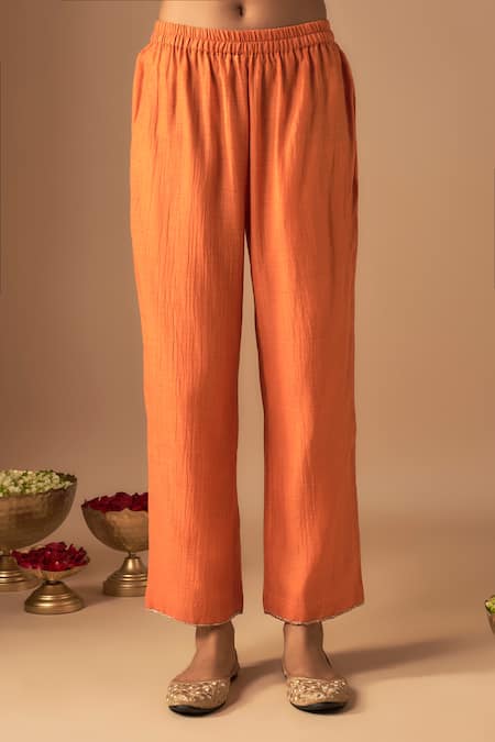 Cupid Cotton Orange Organza, Chanderi Silk Noor Resham Asymmetric Kurta With Pant Online at Aza Fashions Cupid Cotton_Orange Organza, Chanderi Silk Noor Resham Asymmetric Kurta With Pant _Online_at_Aza_Fashions