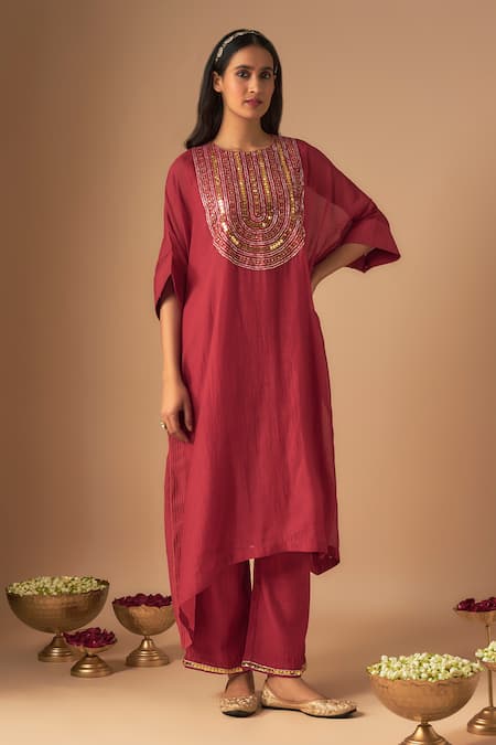 Cupid Cotton Aaina Resham Embroidered Asymmetric Kurta With Pant 