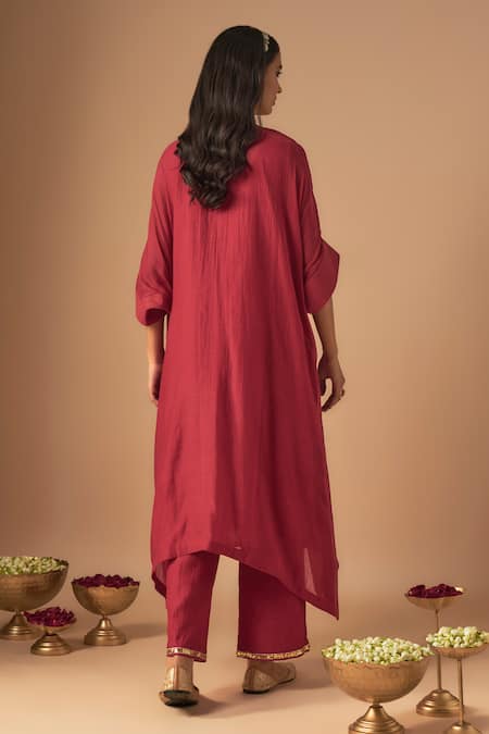 Shop_Cupid Cotton_Red Chanderi Silk Sequins, Aaina Resham Embroidered Asymmetric Kurta With Pant _at_Aza_Fashions