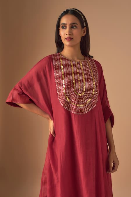 Cupid Cotton_Red Chanderi Silk Sequins, Aaina Resham Embroidered Asymmetric Kurta With Pant _Online_at_Aza_Fashions
