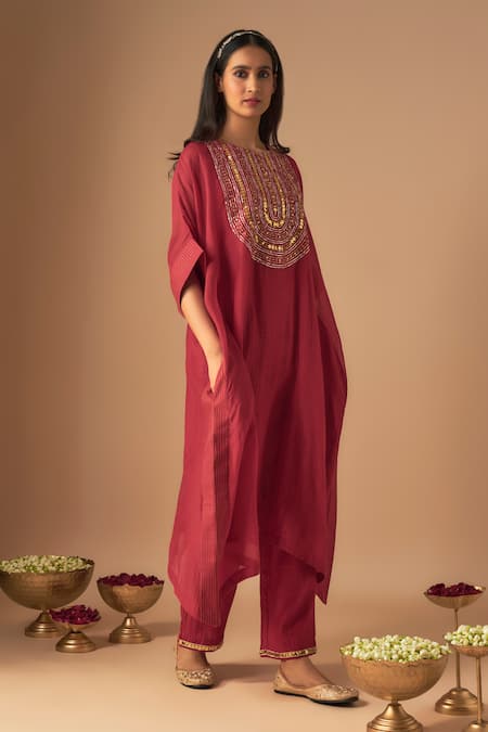 Buy_Cupid Cotton_Red Chanderi Silk Sequins, Aaina Resham Embroidered Asymmetric Kurta With Pant _Online_at_Aza_Fashions