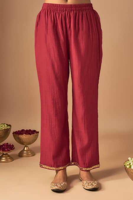 Shop_Cupid Cotton_Red Chanderi Silk Sequins, Aaina Resham Embroidered Asymmetric Kurta With Pant _Online_at_Aza_Fashions