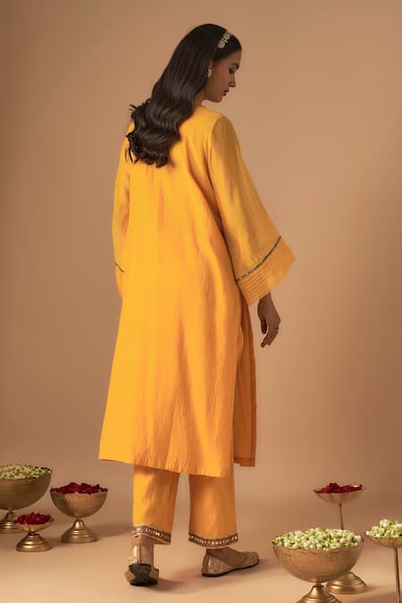 Shop Cupid Cotton Yellow Chanderi Silk, Organza Lace, Jhilmil Pitta Embroidered Kurta And Pant Set at Aza Fashions Shop_Cupid Cotton_Yellow Chanderi Silk, Organza Lace, Jhilmil Pitta Embroidered Kurta And Pant Set _at_Aza_Fashions