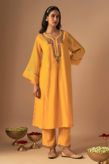 Buy Cupid Cotton Yellow Chanderi Silk, Organza Lace, Jhilmil Pitta Embroidered Kurta And Pant Set Online at Aza Fashions Buy_Cupid Cotton_Yellow Chanderi Silk, Organza Lace, Jhilmil Pitta Embroidered Kurta And Pant Set _Online_at_Aza_Fashions