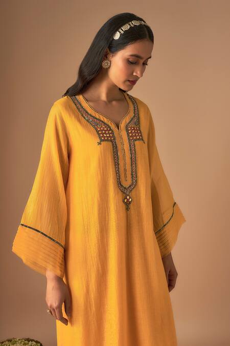 Shop Cupid Cotton Yellow Chanderi Silk, Organza Lace, Jhilmil Pitta Embroidered Kurta And Pant Set Online at Aza Fashions Shop_Cupid Cotton_Yellow Chanderi Silk, Organza Lace, Jhilmil Pitta Embroidered Kurta And Pant Set _Online_at_Aza_Fashions