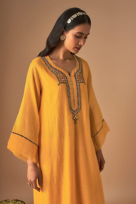 Buy Cupid Cotton Yellow Organza, Chanderi Silk Sequins, Jhilmil Pitta Embroidered Kurta With Pant Online at Aza Fashions Buy_Cupid Cotton_Yellow Organza, Chanderi Silk Sequins, Jhilmil Pitta Embroidered Kurta With Pant _Online_at_Aza_Fashions