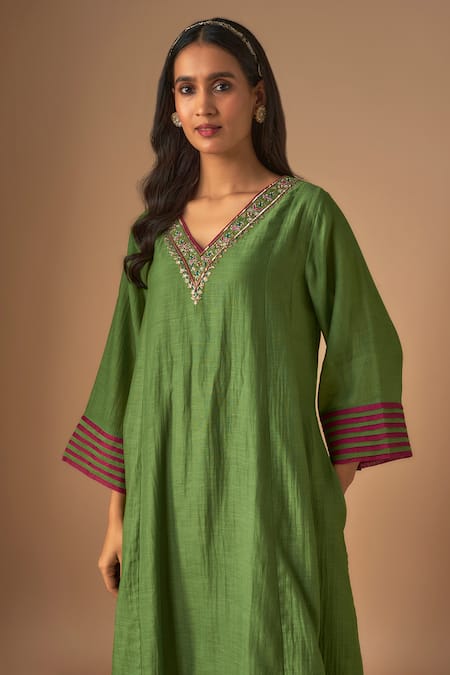 Shop Cupid Cotton Green Organza, Chanderi Silk Sequins, Gul Resham A-line Kurta And Pant Set Online at Aza Fashions Shop_Cupid Cotton_Green Organza, Chanderi Silk Sequins, Gul Resham A-line Kurta And Pant Set _Online_at_Aza_Fashions