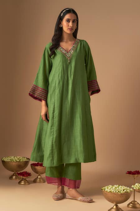 Cupid Cotton Green Organza, Chanderi Silk Sequins, Gul Resham A-line Kurta And Pant Set at Aza Fashions Cupid Cotton_Green Organza, Chanderi Silk Sequins, Gul Resham A-line Kurta And Pant Set _at_Aza_Fashions