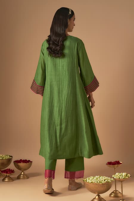 Shop Cupid Cotton Green Chanderi Silk Embroidery, Sequins V-neck A-line Kurta Set at Aza Fashions Shop_Cupid Cotton_Green Chanderi Silk Embroidery, Sequins V-neck A-line Kurta Set _at_Aza_Fashions