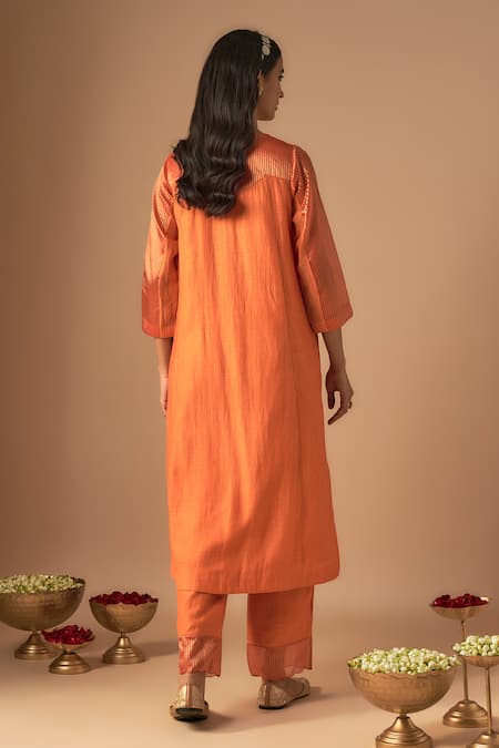 Shop Cupid Cotton Orange Chanderi Silk, Organza Lace, Raha Resham Embroidered Kurta And Pant Set at Aza Fashions Shop_Cupid Cotton_Orange Chanderi Silk, Organza Lace, Raha Resham Embroidered Kurta And Pant Set _at_Aza_Fashions