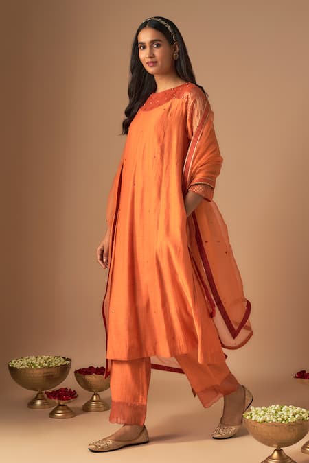 Cupid Cotton Orange Chanderi Silk, Organza Lace, Raha Resham Embroidered Kurta And Pant Set Online at Aza Fashions Cupid Cotton_Orange Chanderi Silk, Organza Lace, Raha Resham Embroidered Kurta And Pant Set _Online_at_Aza_Fashions